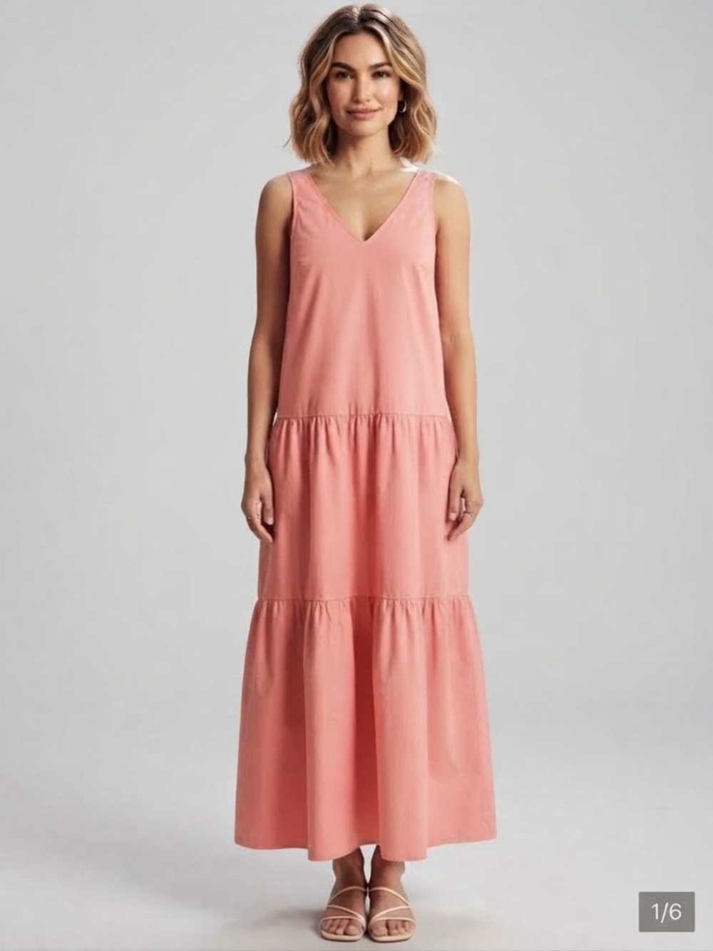 Who What Wear Sleeveless V-Neck Coral Tiered Maxi Dress